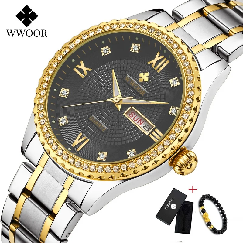 

WWOOR Week Watch Men Luxury Day Date Mens Wristwatch Waterproof Men Stainless Steel Watches Quartz Sport Watch Gift Bracelet