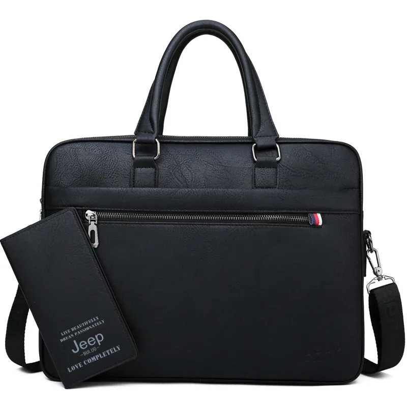 Мужской портфель для офиса jeep buluo, оранжевая сумка для ноутбука 14", iPad, деловая кожаная сумка с ремнем через плечо, брендовая сумка, все сезоны - Цвет: 8117-8888-Black