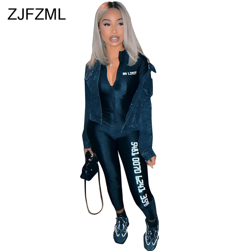 Black Letter Print Sexy Bandage Overall For Women Front Zipper Long Sleeve Party Romper  Casual Biker Skinny One Piece Jumpsuit