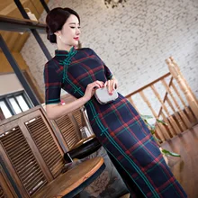 Top Selling Traditional Chinese Women’s Ethnic Plaid Satin Long Cheongsam Stylish Female Summer Qipao Dress Size S M L XL XXL