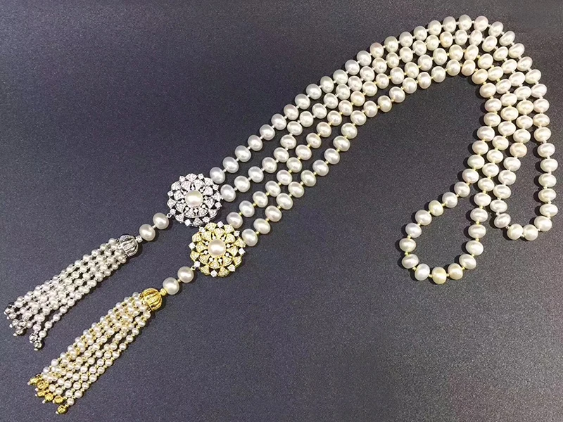 Sinya Tassels fashion Sweater chain Natural pearls Strand long necklace for Women Mum lover gold or white gold color optional  (1)