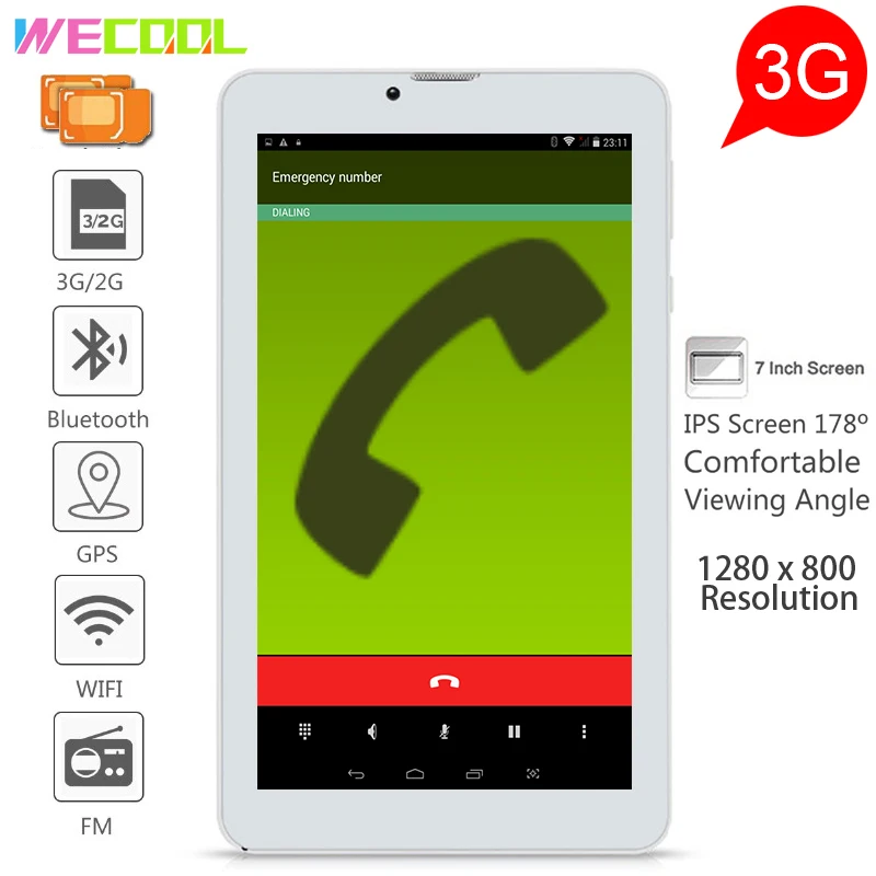 Wecool 7 дюймов Android 3G Phablet с IPS 1024x600 Разрешение 8 ГБ 4 ядра Dual SIM GPS перейдите FM радио