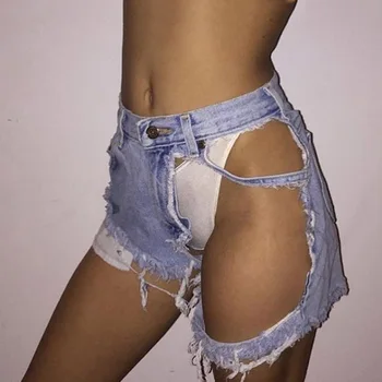 

Sexy Denim Blue Hole Jeans High-waist Beach Summer High-waist Short For Women Bodycon Sexy Jeans Party Casual Shorts For Women