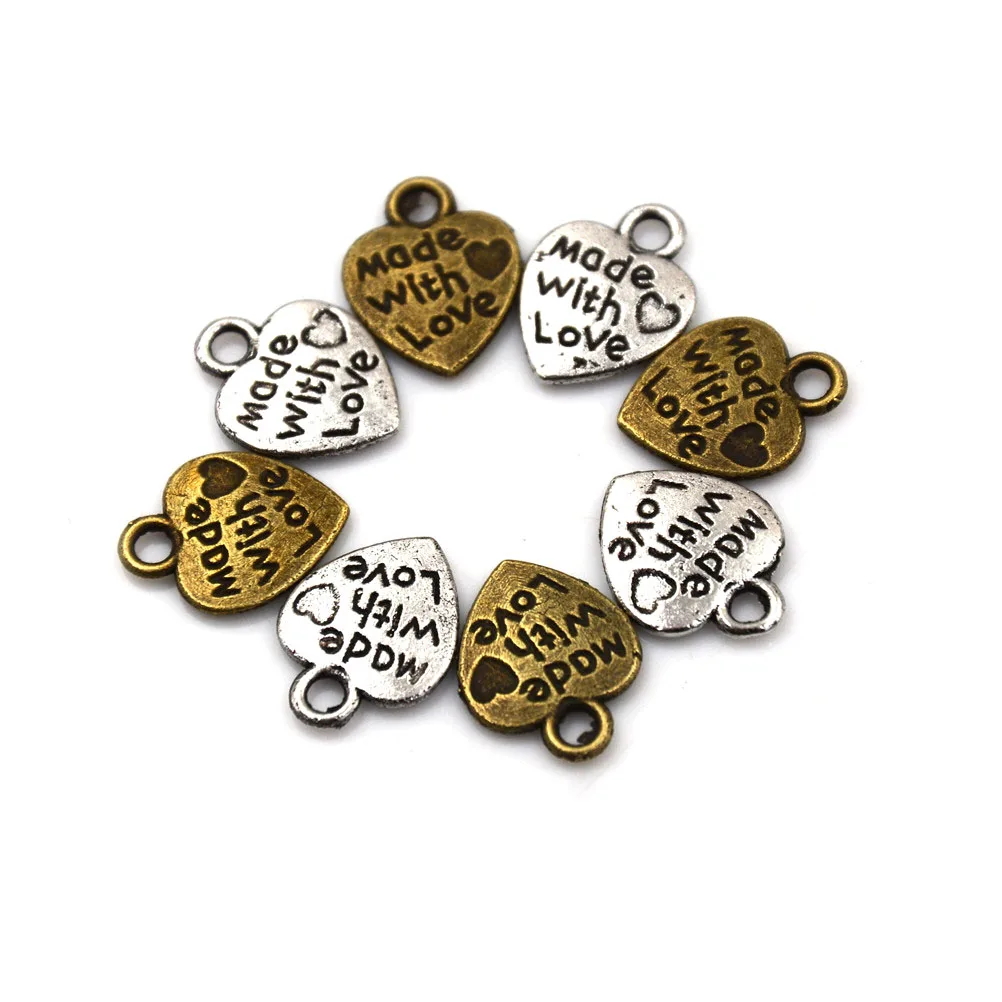 

50pcs Hand Made With Love Heart Charms Pendants Necklace Alloy Metal Beads For Diy Fashion Charms Jewelry Bracelet High Quality