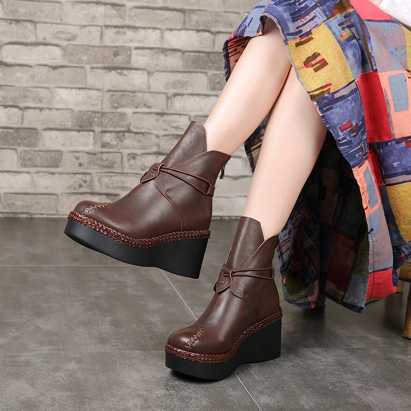 

2018 VALLU Women Shoes Wedges Boots Platfor Back Zipper Round Toes Handmade Vintage Genuine Leather Ladies Ankle Boots