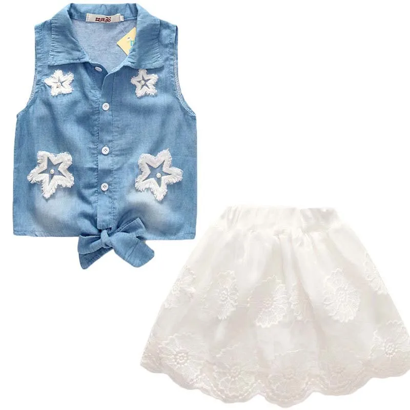 

BibiCola Fashion Girls Clothing Set 2019 Summer Baby Girls Clothes Denim Jacket Flower Decoration+mesh Skirts Children Clothing