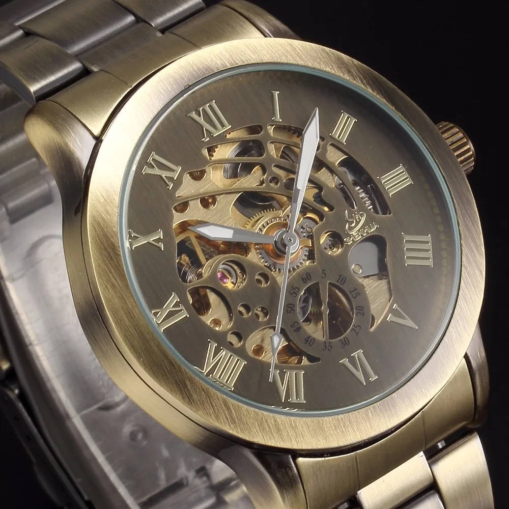 SHENHUA Luxury Brand Bronze Men Skeleton Mechanical Watches Male Clock Stainless Steel Strap Fashion Casual Automatic Watch