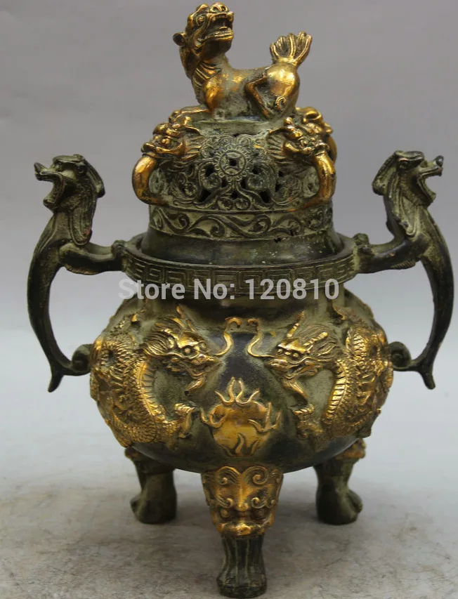 

10" Marked Chinese palace Bronze 3 Foot Dragon Beast Incense Burner Censer statue