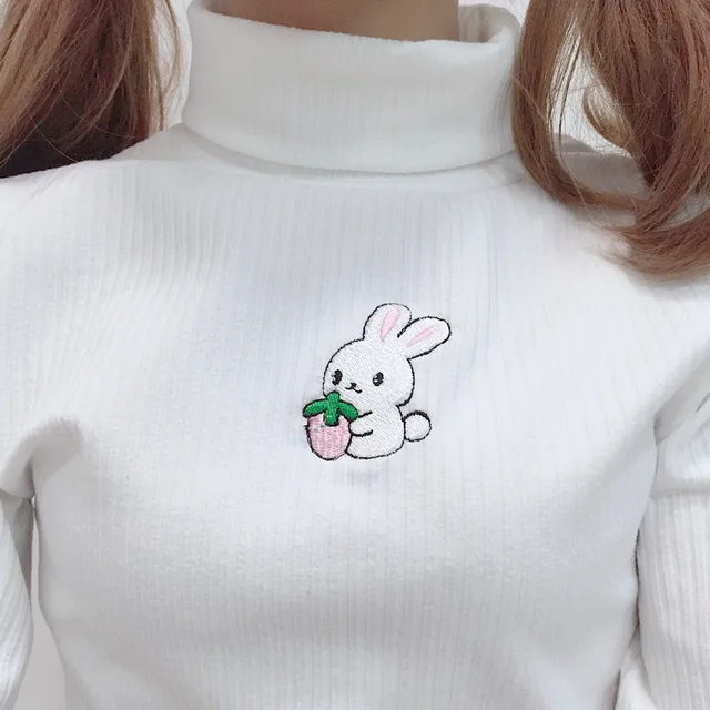 US $13.86 New Lolita women sweater kawaii pullover top super cute rabbit embroidery high collar stretch warm 