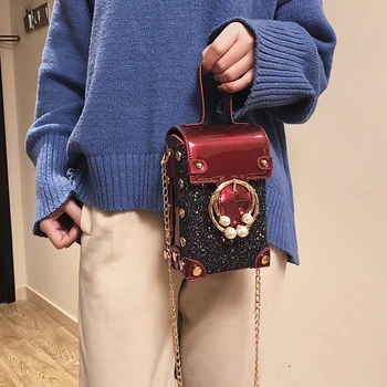 

2020 Original Design Hot Women's Mini BOX Bag Girl Pearl Rivet Sequins Shoulder Crossbody Bag Wide Shoulder Strap PU Keys Bag