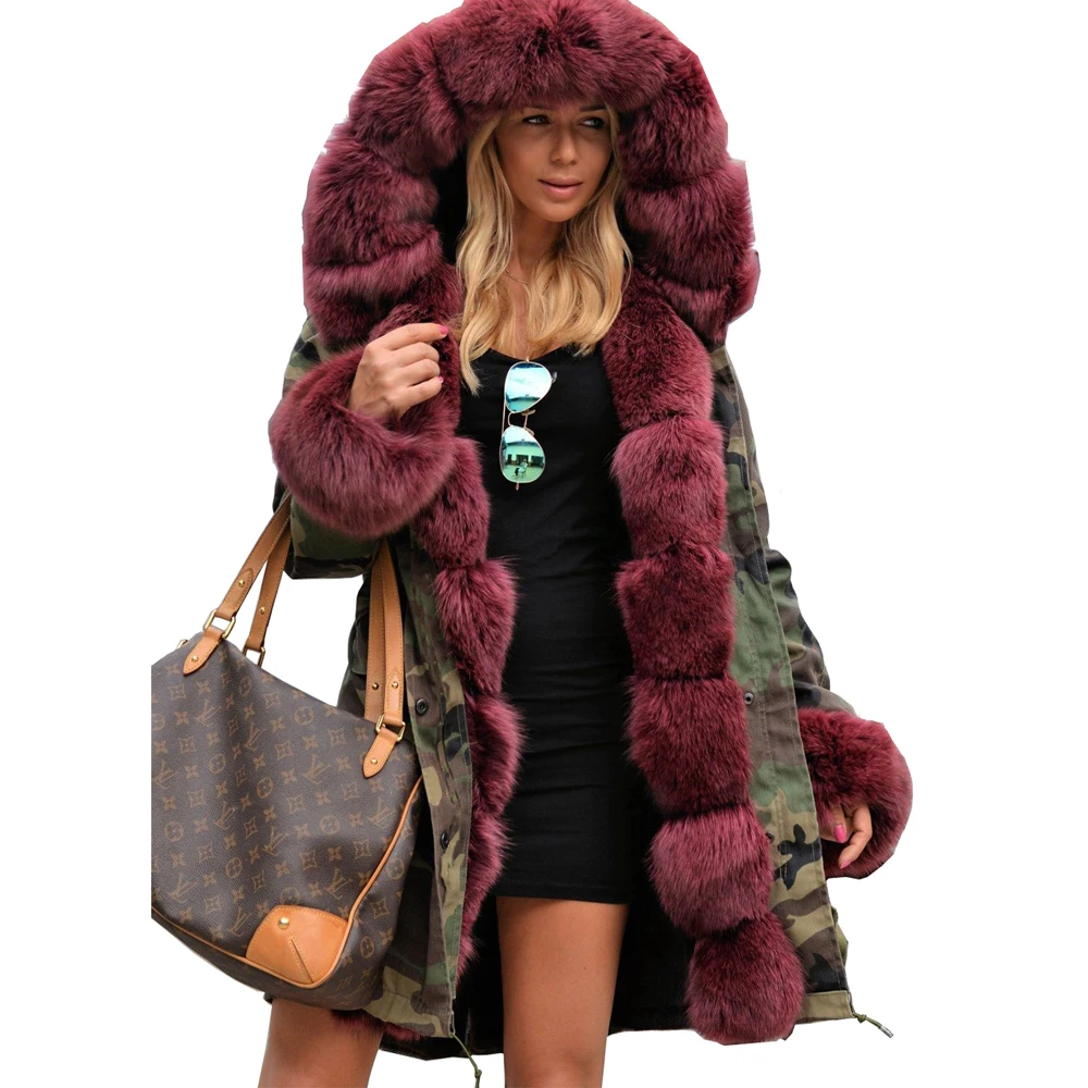 Roiii 2018 Winter Female Coat Long Hood Camouflage Green Jacket Wine Faux Fur Cotton Thicken Military Parka Women Chic Outerwear Coats