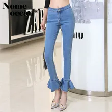 Модные женские джинсы-скинни, с резинкой на мягкие джинсы брюки летняя юбка с оборками с завышенной талией в низке брюк джинсовые расклешенные брюки M17031109