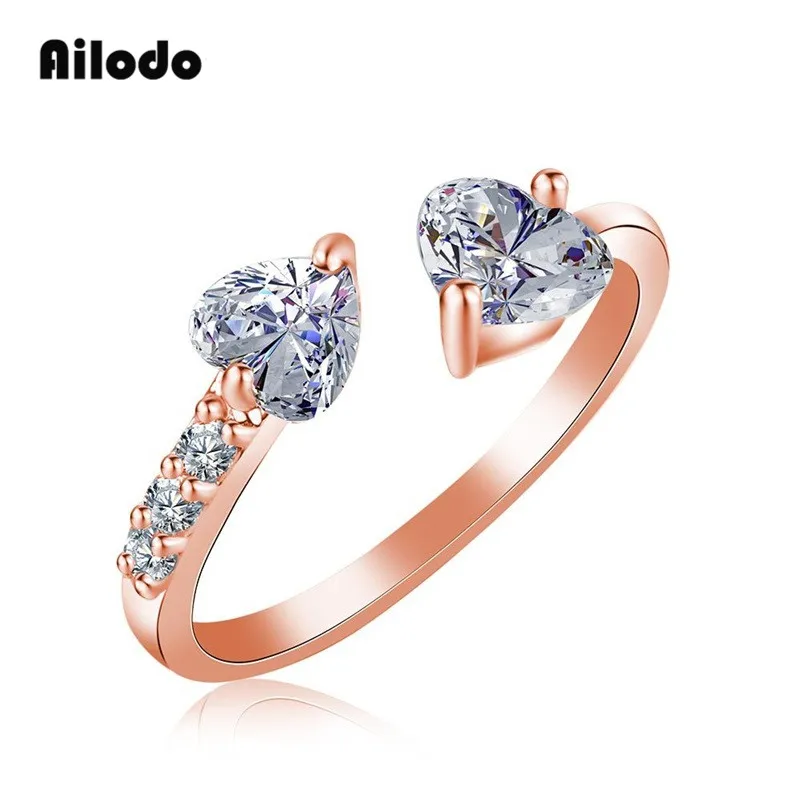 

Ailodo Double Crystal Heart Rings For Women Adjustable Unique Simple Bijoux Love Party Wedding Female Rings Jewelry Gift LD080