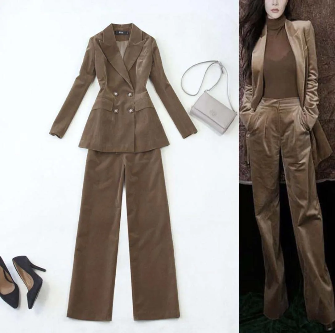 

Women 2 Piece Sets velvet Casual Blazer Pants Office Lady Jacket Pant Suits Korean suit Femme