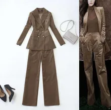 Women 2 Piece Sets velvet Casual Blazer Pants Office Lady Jacket Pant Suits Korean suit Femme