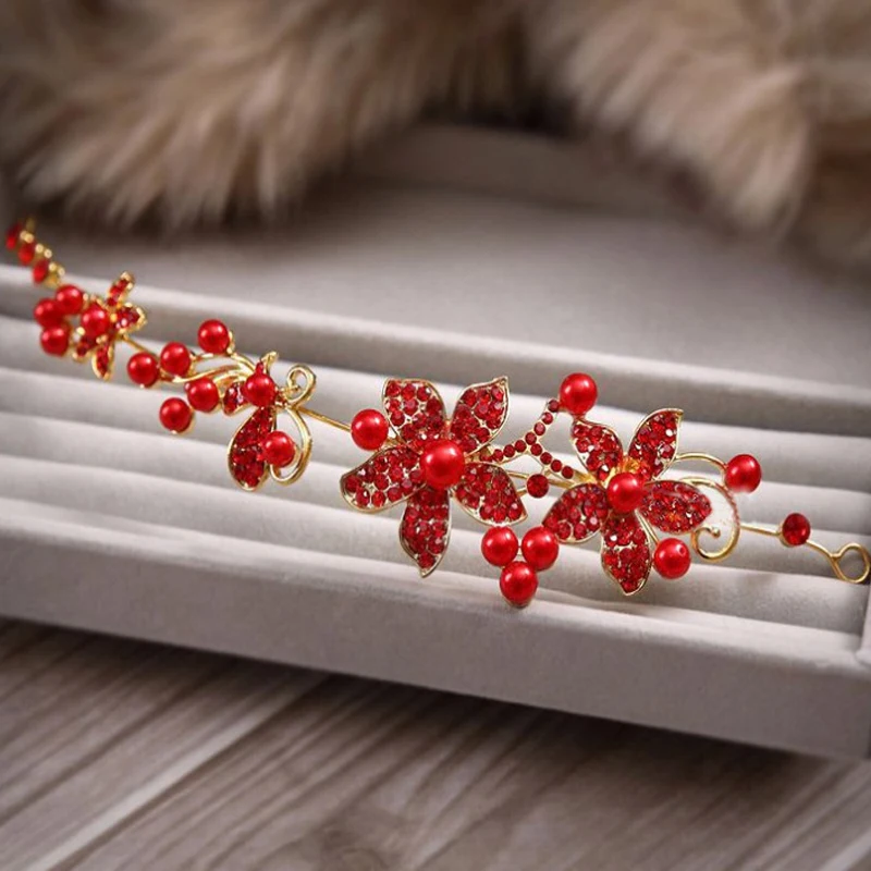 

Charming Crystal Pearl Flower Bride Headband Silver Red Color Bridal Hair Accessories Tiaras Women Wedding Hair Jewelry Hairband