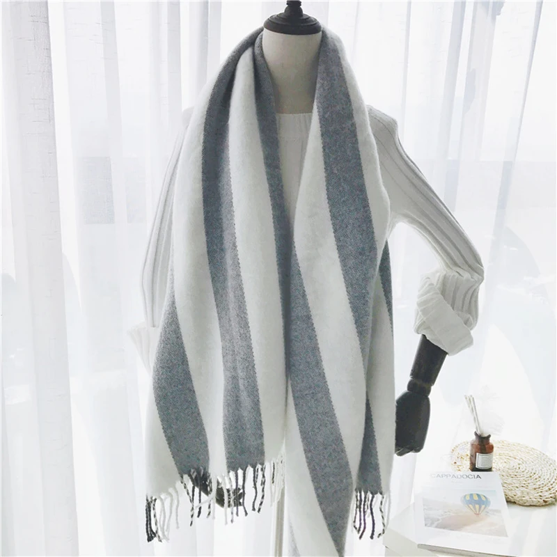

Luna&Dolphin Luxury Brand Women Cashmere Scarves 190x65cm White Grey Strip Big Shawls Wraps Bohemia Big Stole Shawl Pashmina