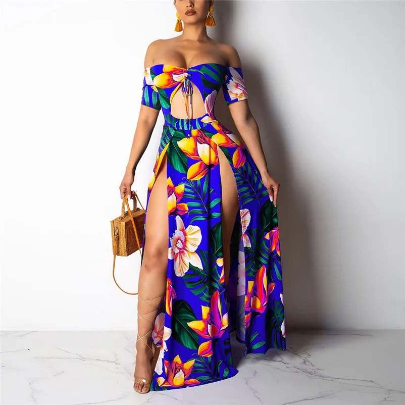 

Women's Short Sleeve Pockets Floral Print Dress split sexy Maxi Sundress women summer plus size beach causal long party dress#SA