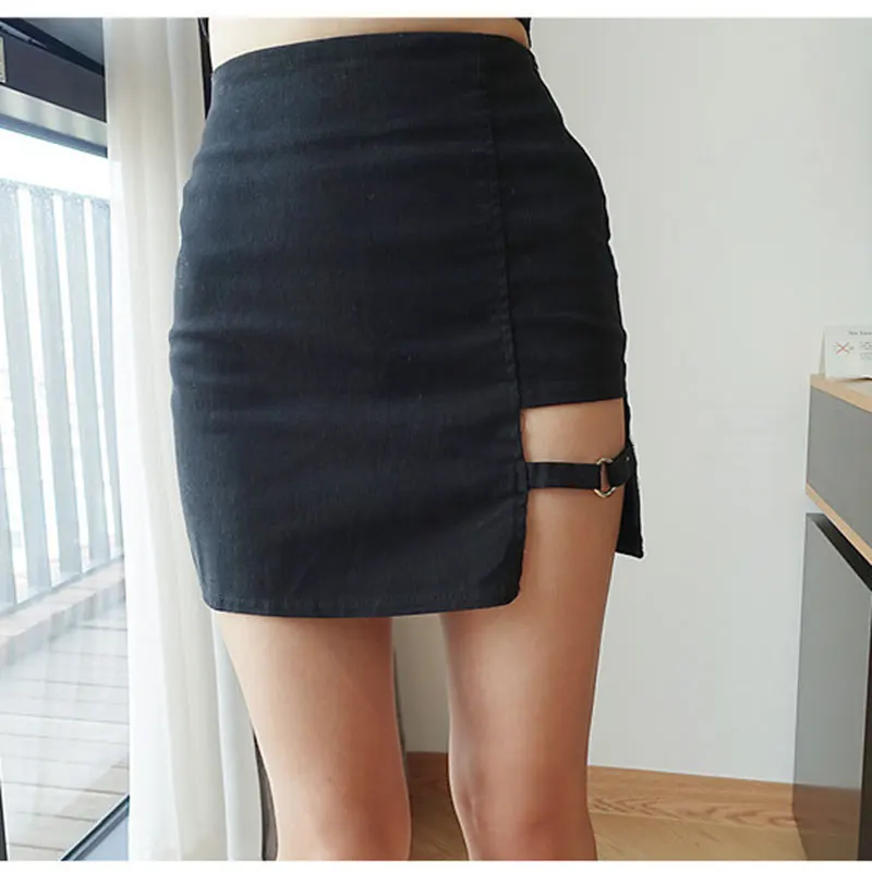 

2019 High waist Asymmetrical gap Slit mini skirt Seductive sexy lace up Tie Slim Tight Pencil Night Club Party Skirts women