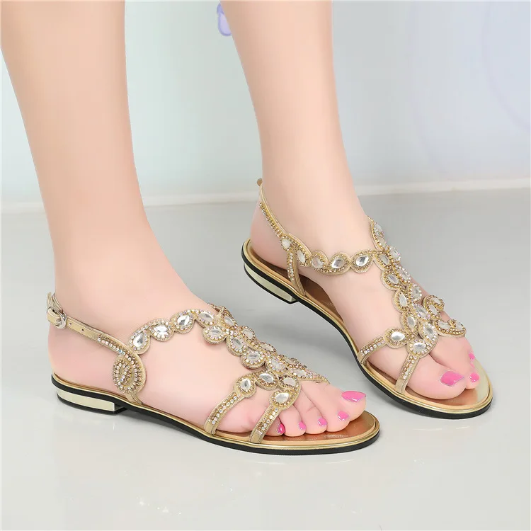 G-sparrow 2018 Summer Elegant Rhinestones Large Size Shoes Belt Buckles Casual Diamond Thick Heel Sandals Gold Silver Black2