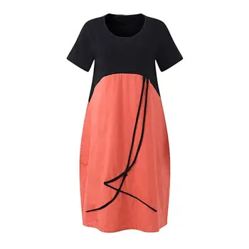 

Fashion Summer Casual Women Clothing Dresses Color Block Short Sleeve O-Neck Loose Cotton Linen Fit Female Party Mid-Calf Dress