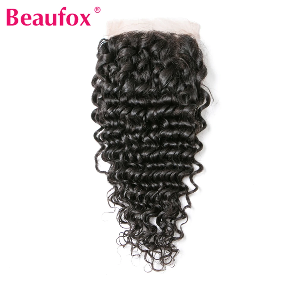 Beaufox Бразильские глубокие волны кружева закрытия 4x4 натуральные волосы бесплатная часть с Детские волосы 120% плотность не Реми волосы