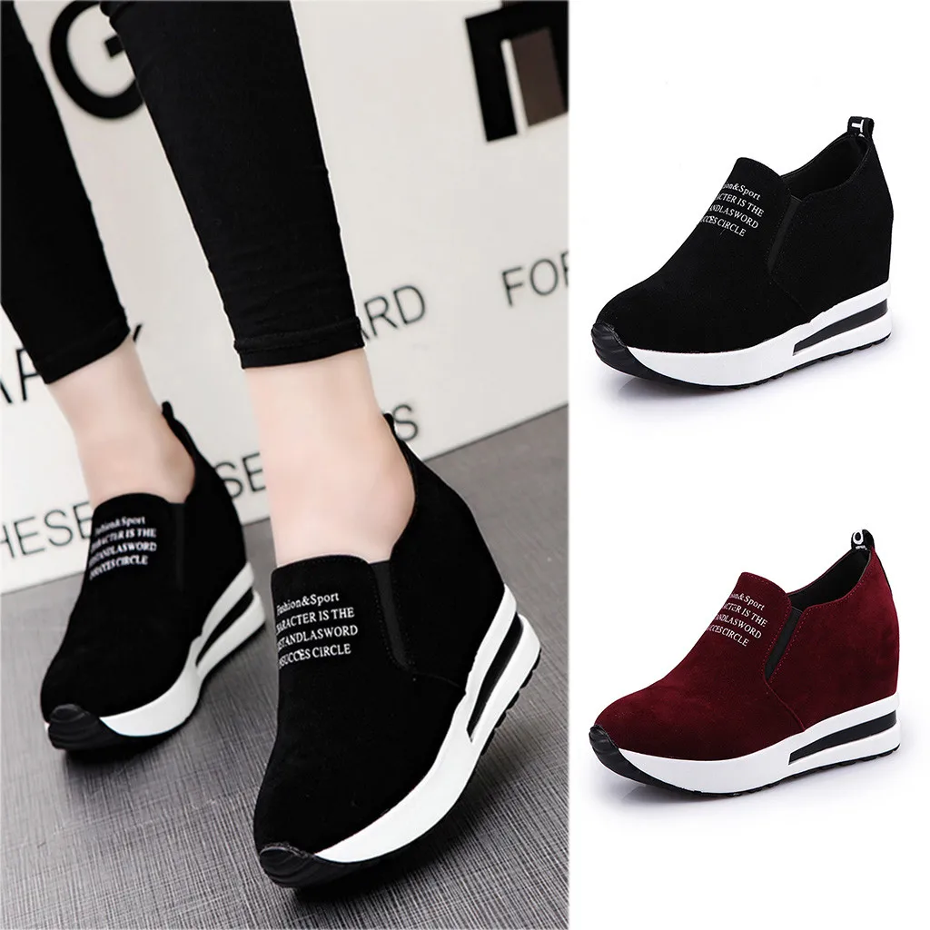 

Women Fashion Casual Flock Slip-On Thick Platform Sport Sneakers Wedges Shoes Round Toe Flock heightening lazy shoes 35-39
