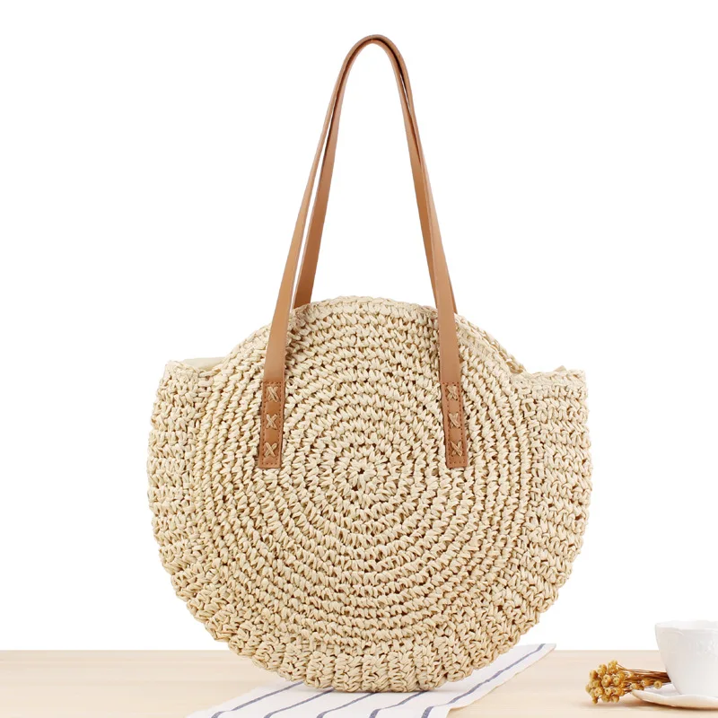  REREKAXI Hand-woven Round Woman's Shoulder Bag Handbag Bohemian Summer Straw Beach Bag Travel Shopp - 32884510075