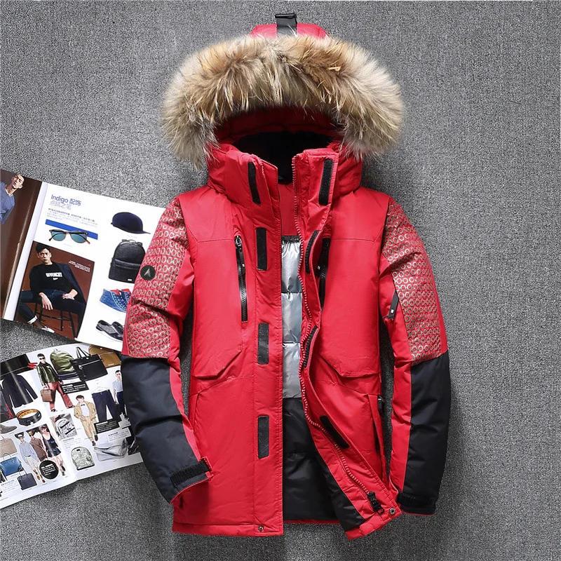 

Winter Men Thick White Down Jacket With Hood Detached Warm Waterproof Fur Collar Outwear Casual Duck Down Jacket For -35 degrees