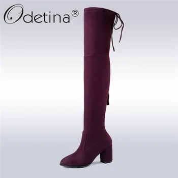

Odetina New Fashion Flock Leather Women Over The Knee Boots Chunky Heel Back Zipper Plush Thigh Boots Winter Autumn Plus Size 43