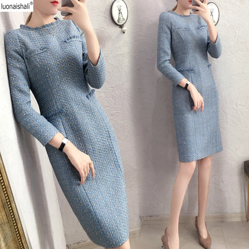 

Sweet Fashion Women Woolen Dresses O Neck Mid Waist Long Sleeve Pencil Dresses Solid Color Bodycon Elegant Office Dresses Z700