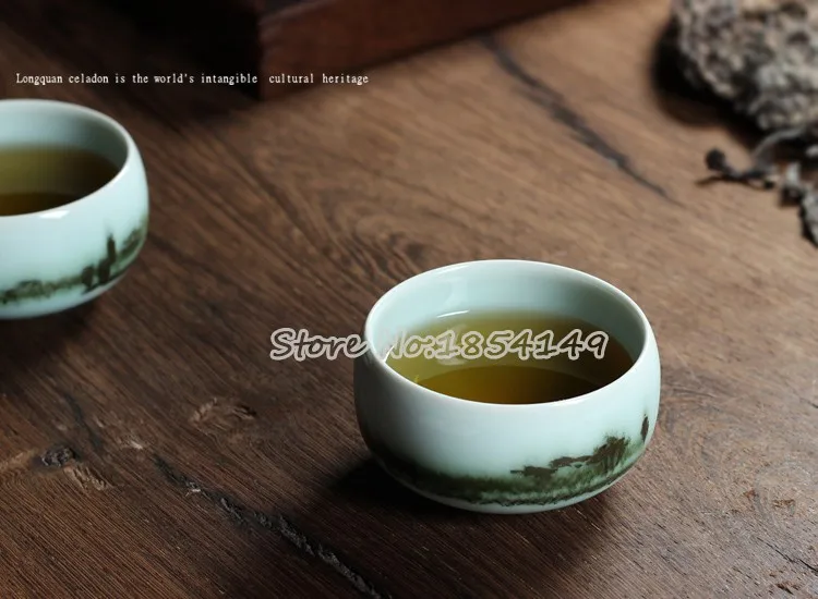 Китайский Longquan Высший сорт Celadon пейзаж КИТАЙСКИЕ чашки чаша для художественной коллекции старшим художником и ремесленником Подарочная посылка