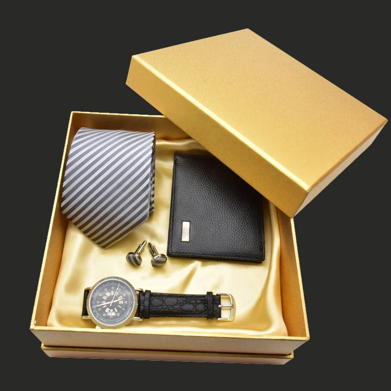 Luxury Men Watch Gift Set Top Quality Tie Cufflinks Wallet Wrist Watch