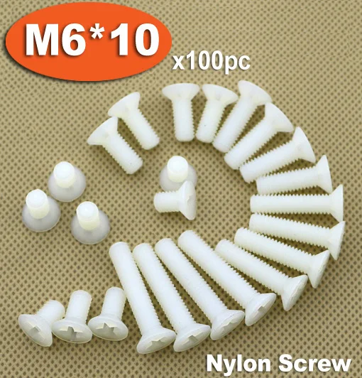 100pcs DIN965 M6 x 10 White Plastic Nylon Screw Cross Recessed