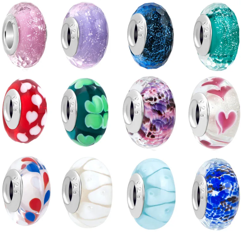

free shipping 1pc 925 pink blue purple sky heart murano glass bead charm Fits European Pandora Charm Bracelets mix012