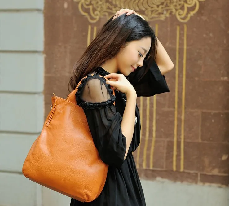 Роскошная женская кожаная сумка-мешок из мягкой коровьей кожи, женская сумка-шоппер, тканевая женская сумка через плечо с кромкой, сумка на плечо для OL, сумка для компьютера - Цвет: Оранжевый