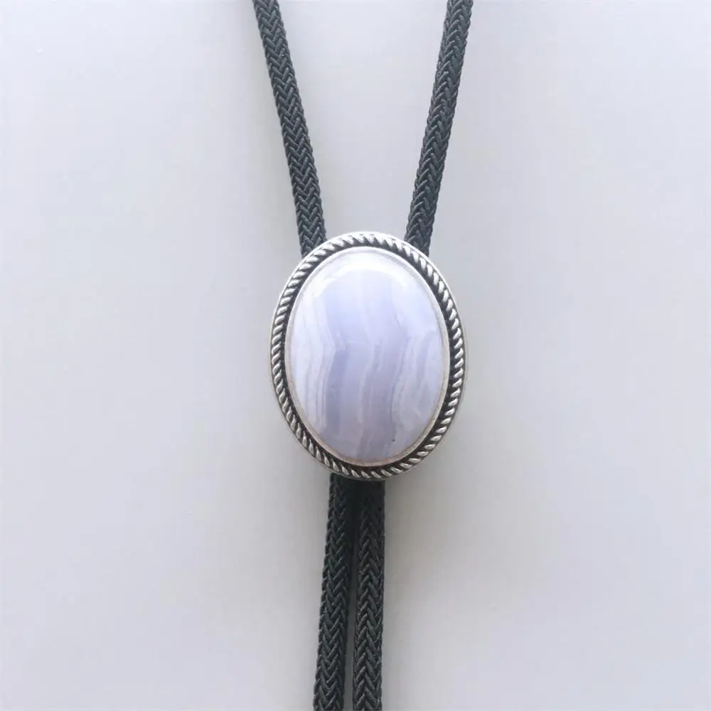 

New Vintage Silver Plated Nature Blue Ripple Agate Stone Bolo Tie Each Nature Stone is Different