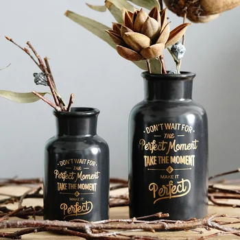 

Vintage black matte ceramic gold flower vase home decoration