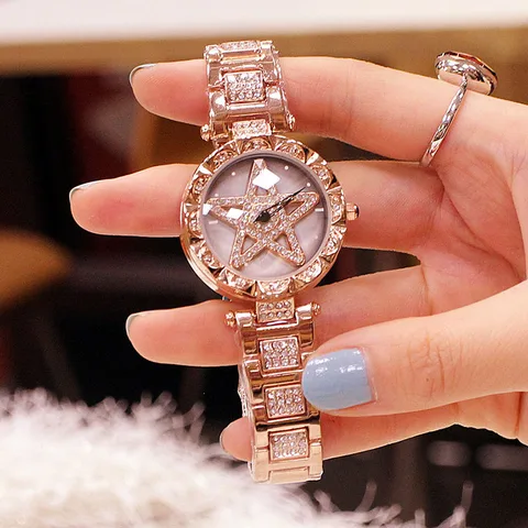 Senhoras da Forma do Relógio para Mulheres Pulseira de Relógio de Quartzo Relógio de Pulso de Aço Inoxidável à Prova Presentes para Mulheres Relógios Feminino Strass Água d’