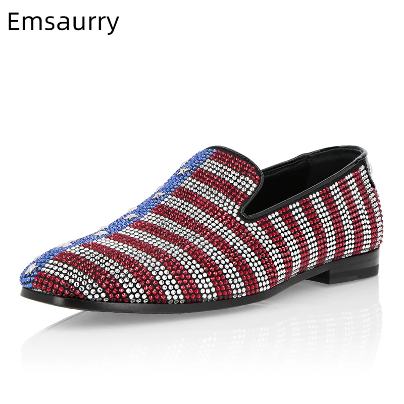 

2019 Striped Drill Rhinestone Slip On Loafers Mixed Color Luxury Crystal Dress Shoes Men Diamond Party Shoes Chaussure Homme