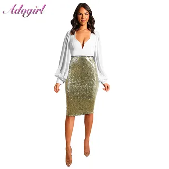 

Adogirl Sexy Sequins Pencil Midi Skirt Fashion Knee Length High Waist Sheath Slim Office Ladies Skirts Club Party short Skirt