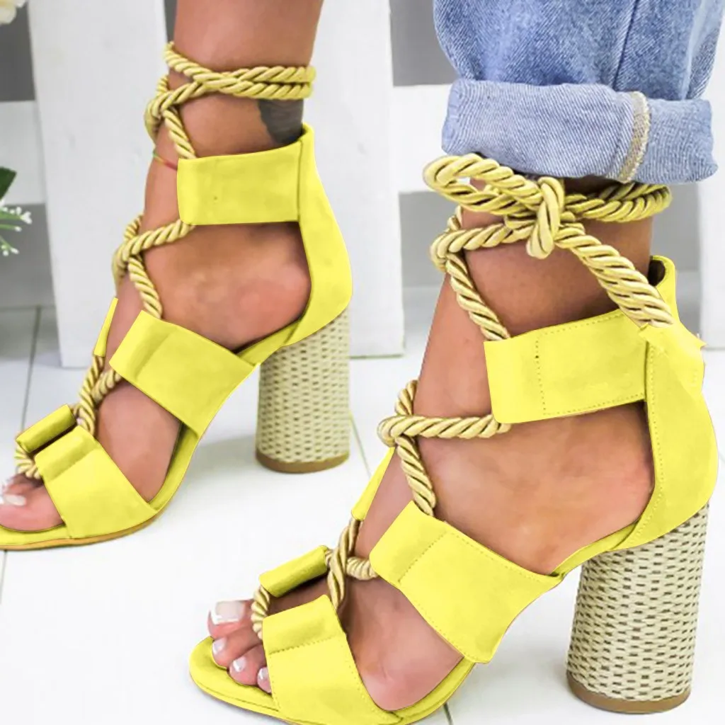 Rome High Round Heels Sandal Women Hemp Rope Ankle Staps Gradiator Sandals Fashion Summer Ladies Retro Shoes Zapatos De Mujer 25 | Обувь