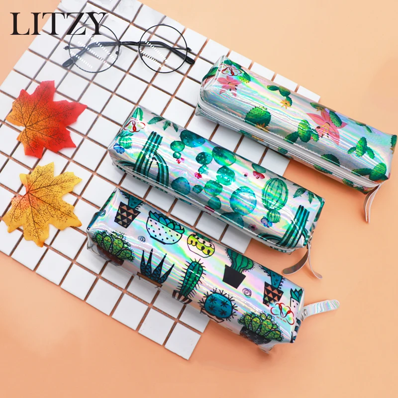 

Cactus Pencil Case Holographic Laser Pen Bag For Girl Boys Student Large Capacity PU Waterproof Pen Box School Supply Stationery