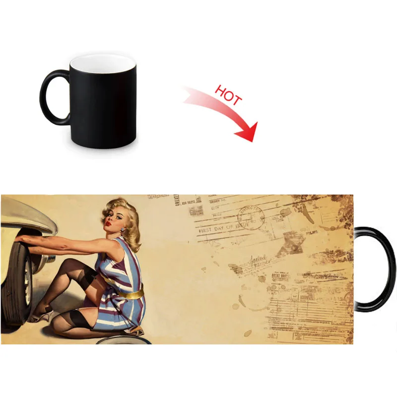 

Customized Ceramic Coffee Mugs Pin Up Girl Milk Tea Magic Color Morph Mug Heat Sensitive Color Changing Water Cup 12oz
