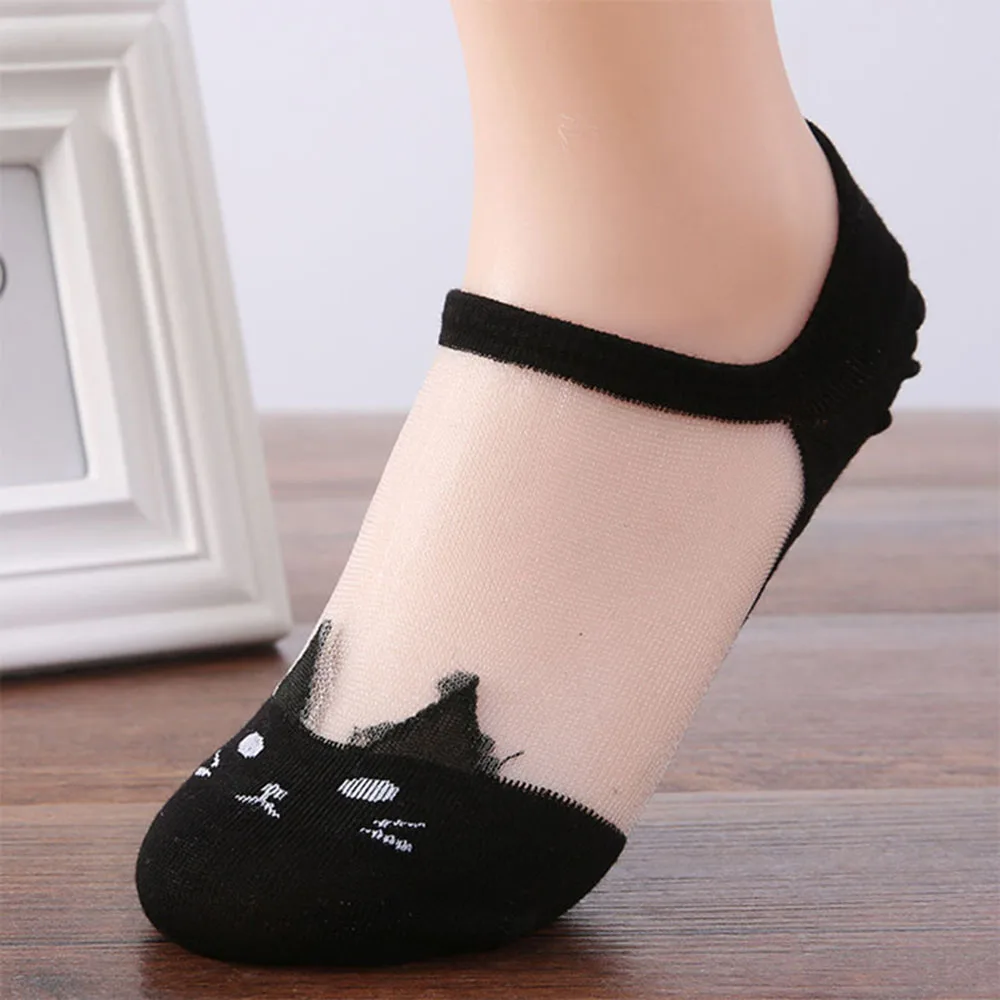 Лето-осень, женские новые носки с милым рисунком кота, прозрачные шелковые ультратонкие прозрачные носки, низкие носки до щиколотки, дропшиппинг - Цвет: black