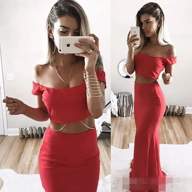 2017 две пьесы красный русалка пром платья pageant dress с плеча формальная сторона вечер