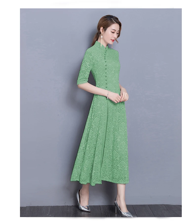 Woman Vintage Ao Dai Oriental Elegant Vietnam Traditional Dress 8Colors Stand Collar Asian Graceful Half Sleeve Swing Cheongsam