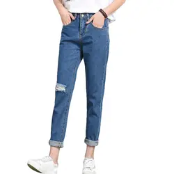 Плюс Размеры 2019 Для женщин Высокая Талия обтягивающие джинсы штаны Цвет бойфренды рваные джинсы для женщин Свободные синие джинсы Mom jeans CM2270