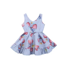Симпатичные Повседневное Для летних вечеринок для новорожденных Обувь для девочек хлопок О-образный воротник, без рукавов животных печати Клетчатое платье покроя "принцесс" сарафан наряд От 1 до 6 лет