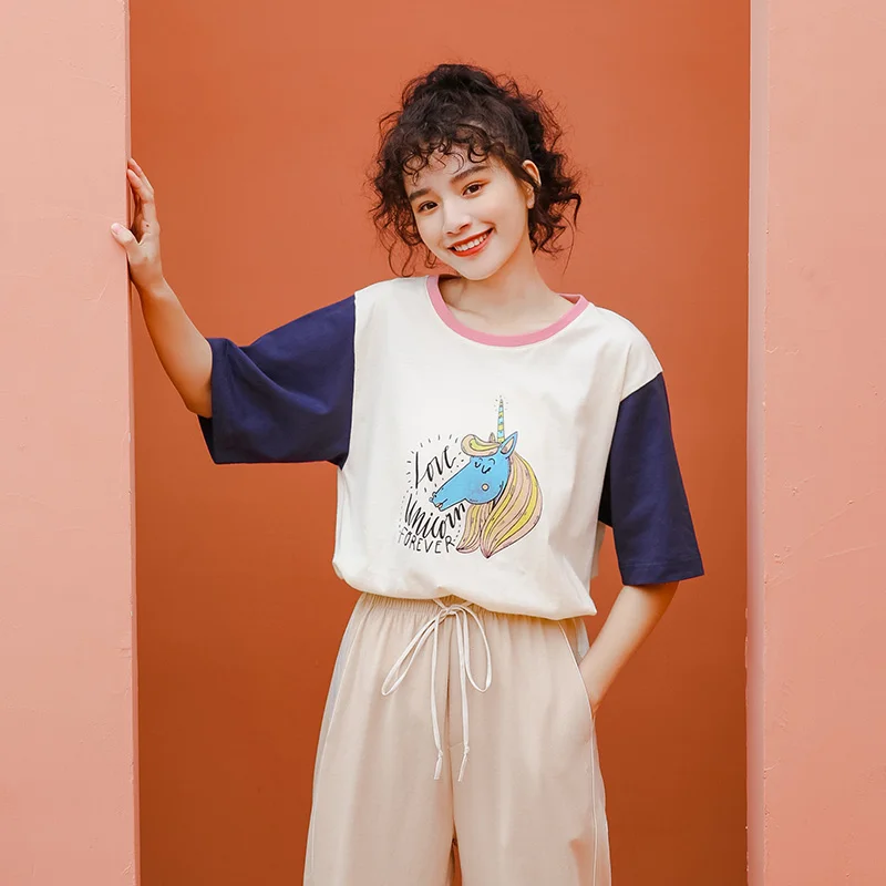 

Cartoon unicorn print cute pattern summer women t-shirt Casual O-Neck Loose Short Sleeve Hit color Shirt Basic Female Tops